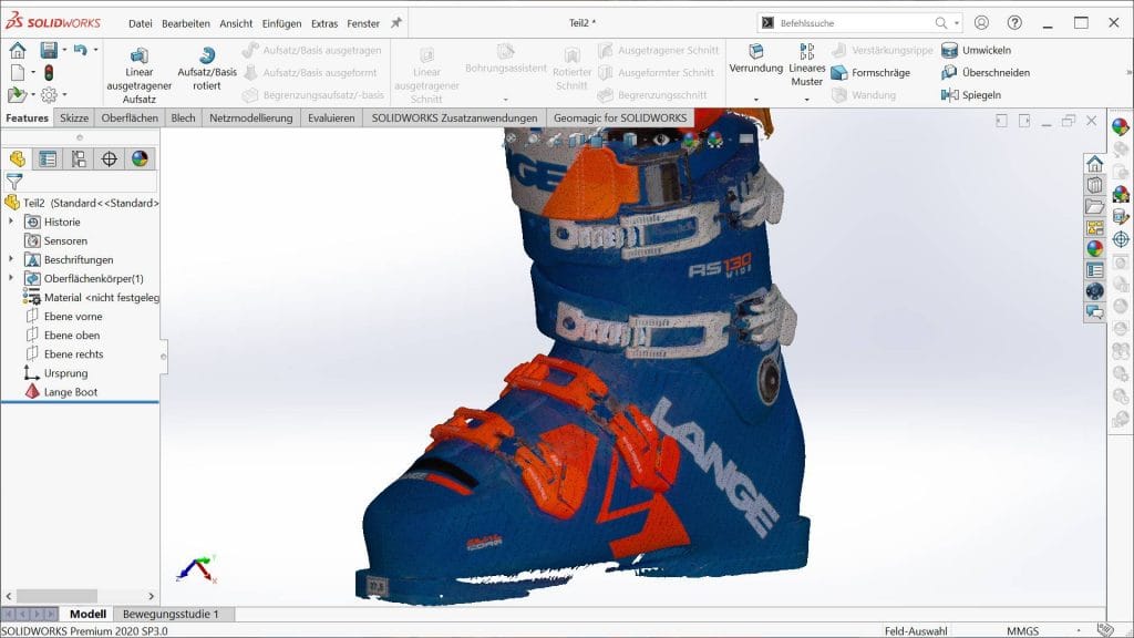 3D-Scan eines Lange Ski Boot mit dem  Creaform Spark importiert als farbiger Scan in SOLIDWORKS mit Geomagic for SOLIDWORKS