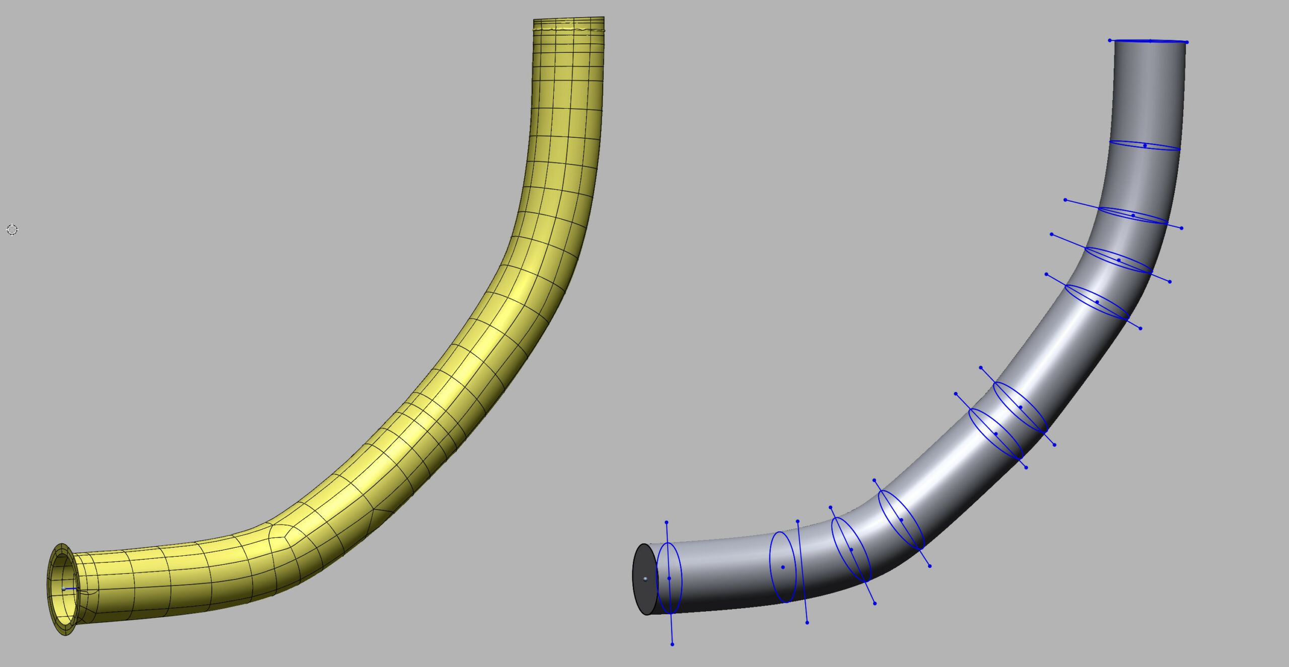 Links das Rohr wie vermessen, rechts das Reverse-Engineering-Modell